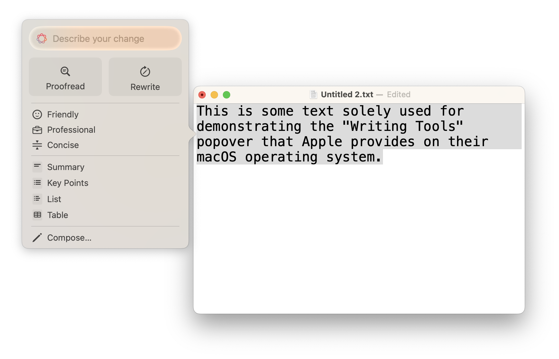 A screenshot demonstrating Apple’s “Writing Tools” popover